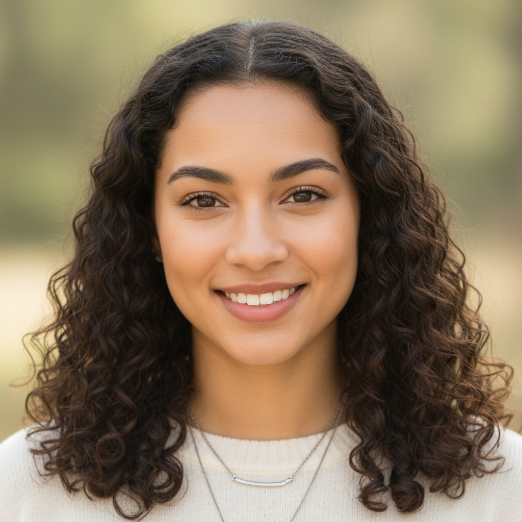 Kayla H, young light skin tone mixed American woman with a warm hopeful smile, breast cancer survivor from New York