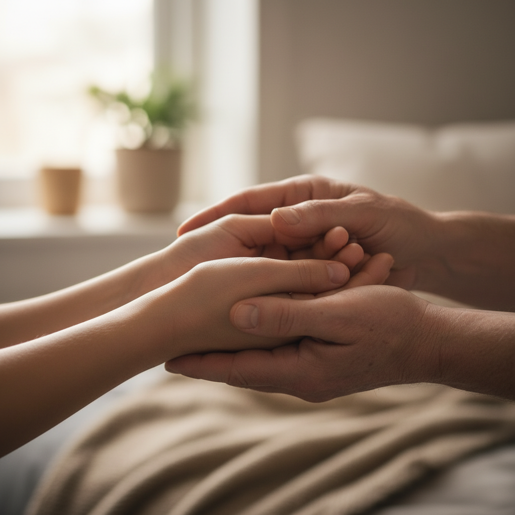 Gentle hands held together in a warm, dimly lit room conveying tenderness and caregiver support